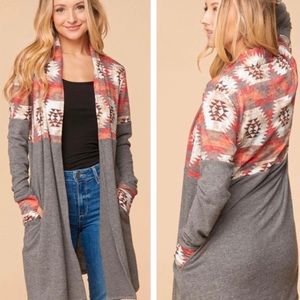 New! Tribal Aztec Print French Terry Hacci Pockets Thumb Holes Cardigan